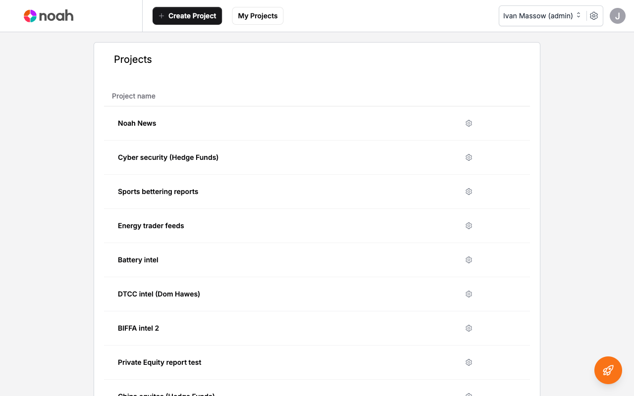 My Projects page — the starting point for all work in Noah Wire