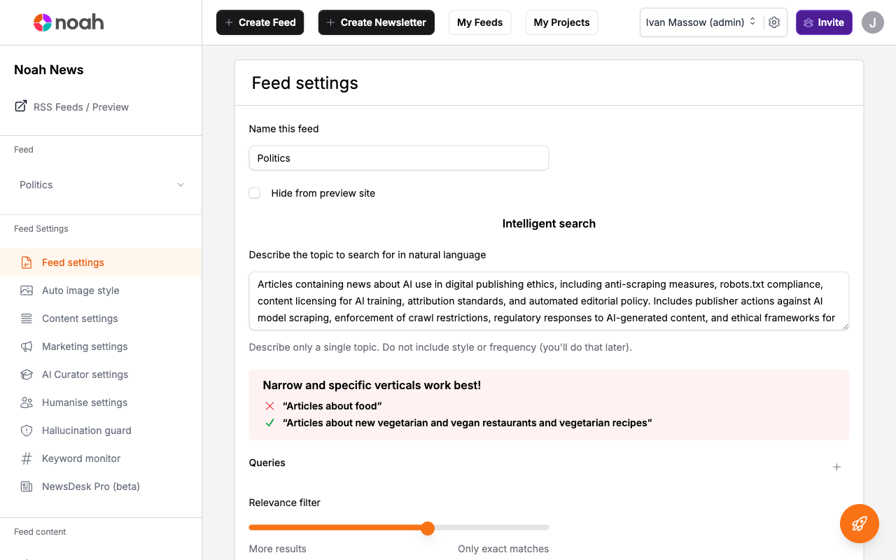 Feed Settings page showing Intelligent Search field