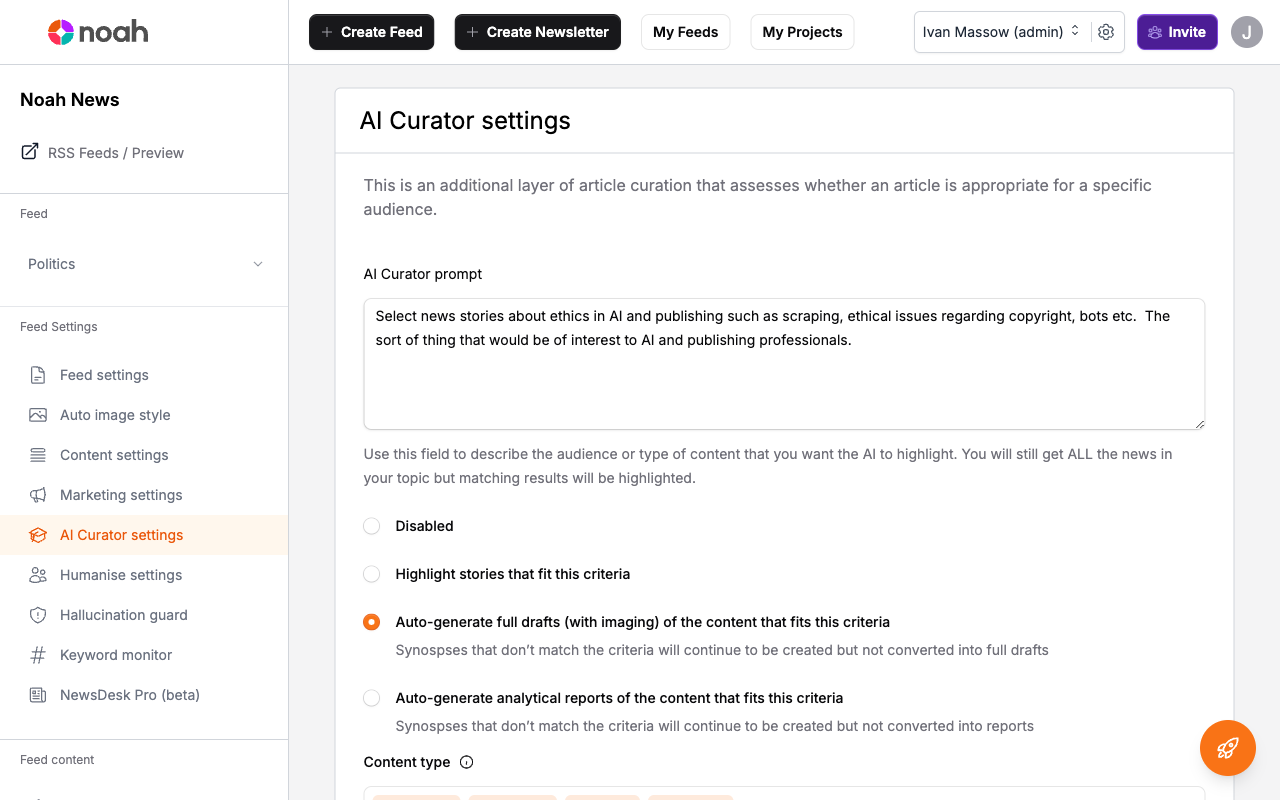 AI Curator Settings page