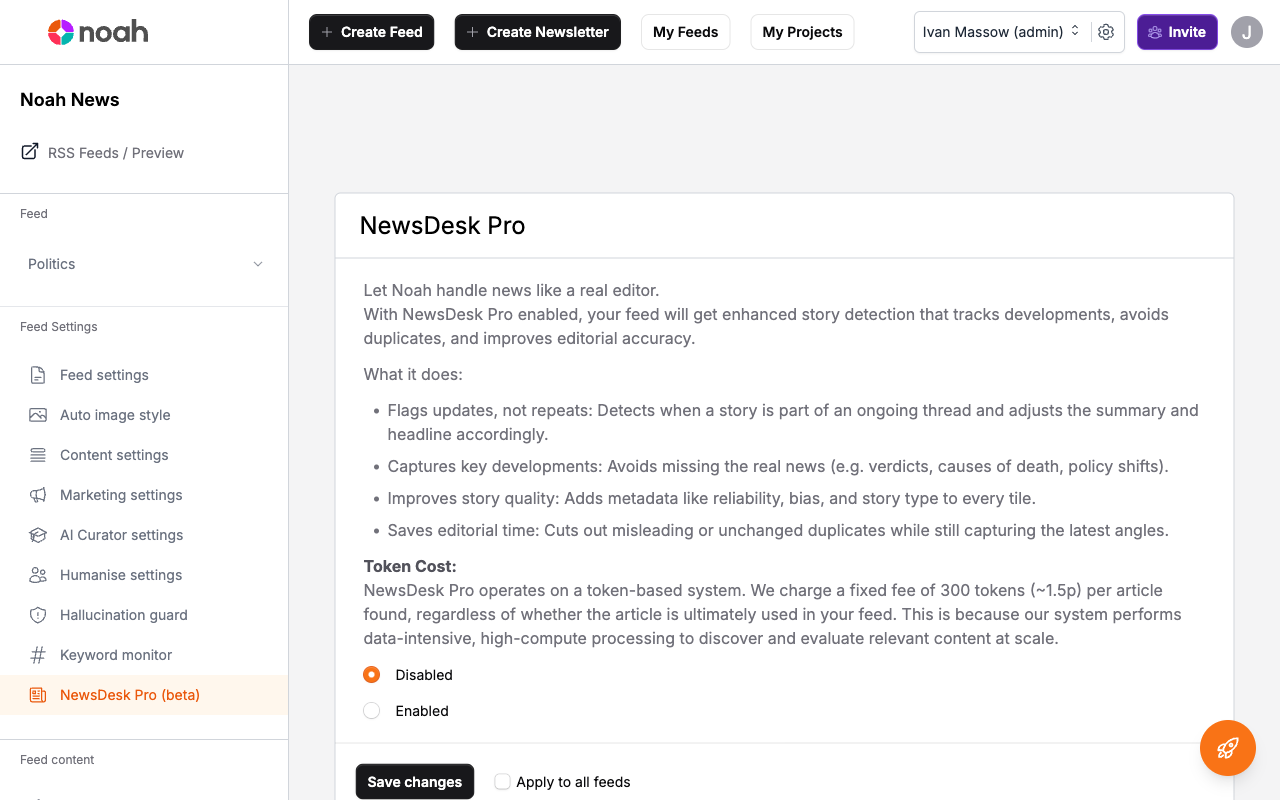 NewsDesk Pro settings