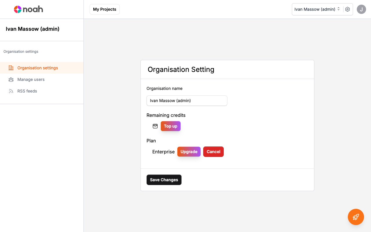 Organisation Settings page